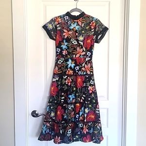 Floral embroidery midi dress with satin ribbon detail. Size 0